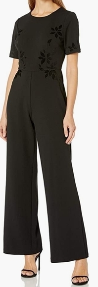 𝅺Adrianna Papell Black Wide Leg Floral Velvet Appliqué Jumpsuit